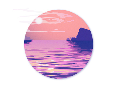 Lanscape - Sunset with Water and Rocks adobe illustrator dawn evening flat flat design gradients illustration landscape pink product design purple rocks sun sunset vector vector illustration water water reflection