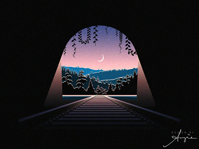 Daily Doodle Exercise - The Tunnel black blue contrast daily art daily doodle dusk flat design forest gradients minimalism moon moonlight pink rails sky trees tunnel vector vector art vector illustration