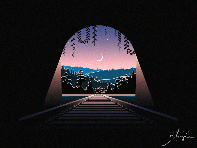 Daily Doodle Exercise - The Tunnel black blue contrast daily art daily doodle dusk flat design forest gradients minimalism moon moonlight pink rails sky trees tunnel vector vector art vector illustration