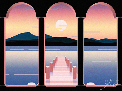 Daily Doodle Exercise - Sunset Arches arches black blue contrast daily art daily doodle daily vector flat design landscape pink sky sunset sunsets vector vector art vector artist vector illustration water