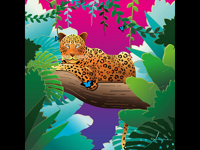 "Jungle Vibes" - Animation with sound (NFT) animation butterflies contrast details digital art flat design gradients green greens illustration jungle leaves leopard liannas nft pink purple vector vegetation