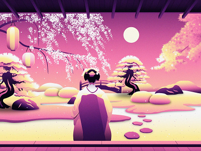 Daily Art - "Meditation" contrast daily art flat design gaisha garden illustration japanese landscape lanterns pink purple trees vector vector illustration white yellow zen