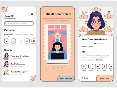 Find your babysitter :) app babysitter babysitting colors design figma illustration mobile mobile app profile ui uiux