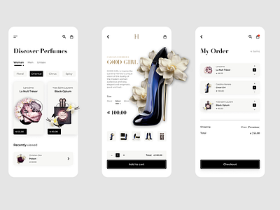 Perfume Online Shop 2020 trends app app design apple branding figma filters iphone luxury luxury brand mobile app online shop order perfume product product design shopping cart ui uiux ux