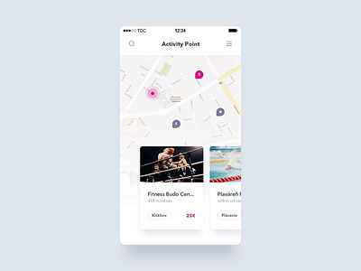 Activity Point — Enter, Search, & Enjoy animation app application bar branding card cards clean event gif illustration ios map party pin social sport travel ui venue