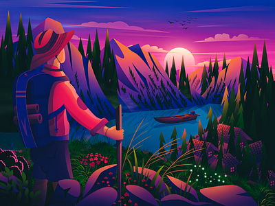 Explore unknown adventure adventurer calm environment evening forest future game illustration lake landscape illustration magazine cover morning mountain package purple travel vector wallpaper website