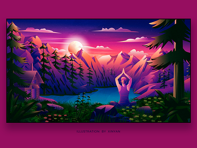 Meditation / Breathing / Yoga scene adventure artwork camping explore forest game illustration lake landscape illustration magazine cover morning mountain nature nft outdoor package sunrise travel wallpaper web