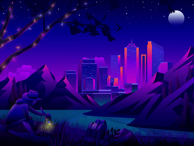 Adventurer and Cat adventurer art work camping cat environment explore illustration lake landscape illustration magazine moon mountain nature neon lights outdoor package travel tree wallpaper web