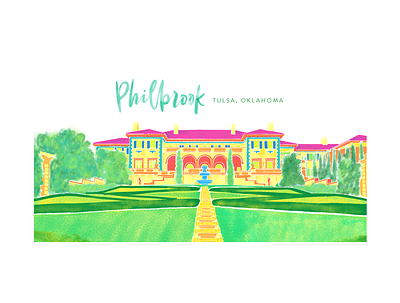Philbrook Illustration abstract architectural design architecture art bright building drawing green hand drawn handlettering illustration museum museum illustration neon watercolor
