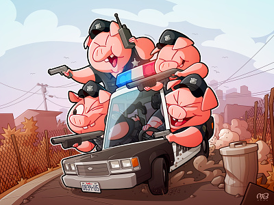 Thugs with Badges car cartoon character city cops design drawing guns illustraion piggies pink scary