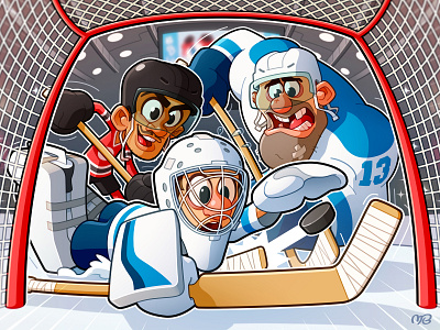 Board Game: Trick Shot blue board game box art cartoon character design game hockey ice hockey illustration nhl packaging red sport sport game