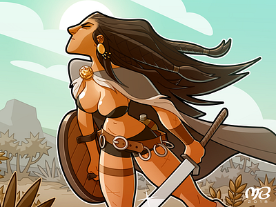 Warrior brown cartoon character design girl illustration knight shield sky sword vector woman