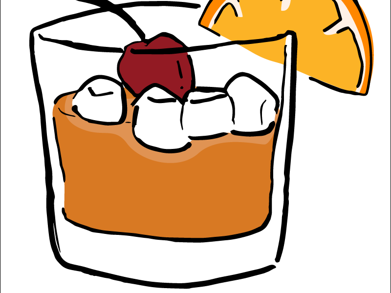 Old-Fashioned Illustration hand-drawn alcohol whiskey mixed drink orange cherry old-fashioned drink garnish