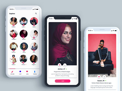 Dating App - Explore screen, User profile screen app branding corporate identity datingapp design illustration typography ui ux web