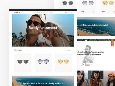 Garrett Leight Design clean collection glasses home page design iconic modern opticals orange series shop summer sunglasses ui ux design venice beach webshop white