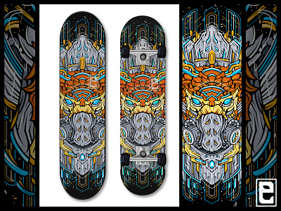 Mecha Wolf on Skateboard Deck art artist artwork branding clothing deck design design digital illustration eyemands glitch illustration illustration. digital art. mecha merchandise robotics skate skateboard skateboarding space wolf