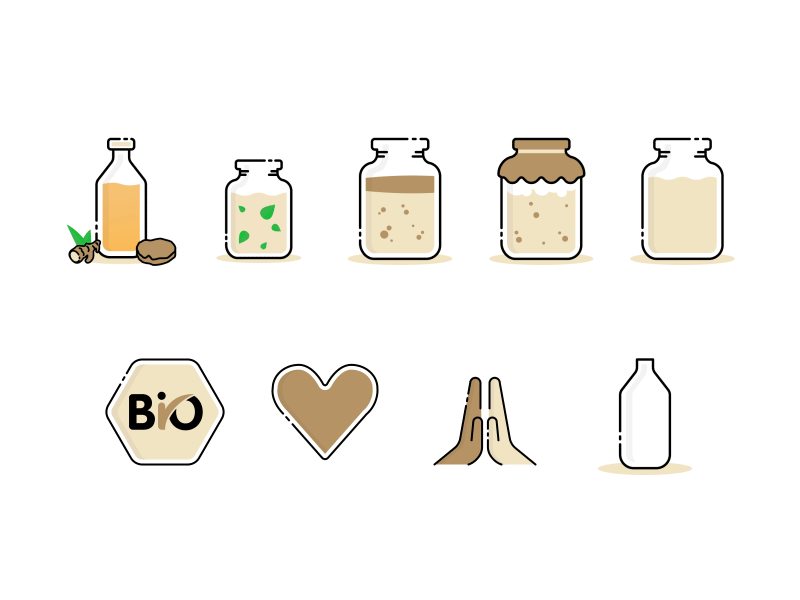 Kombucha Recipe Animated Icons adobe illustrator after effect animation bio branding design drink flat ginger healthy icon illustration jar kombucha leaves liquid motion graphics scoby tea vector