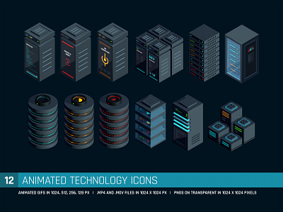 12 Animated Tech Icons after effect animation cinema 4d design icons isometric loop motion graphics network screen design server