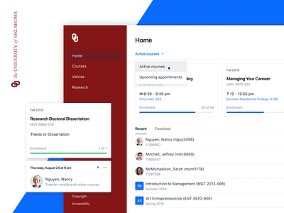 Faculty + advisor dashboard academics advisor car dashboard cards college crimson education faculty ou portal ui university university of oklahoma user experience white