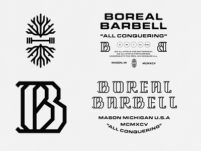 Boreal Barbell barbell brand brand identity branding conquer crossfit design fitness icon illustration logo logo design michigan strength typography usa weight weightlifting