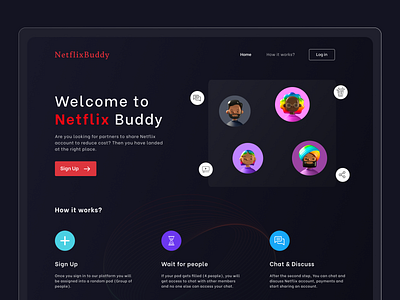 NetflixBuddy chat dailyui dark design fun future homepage illustration movie netflix people share sharing toyface wait website