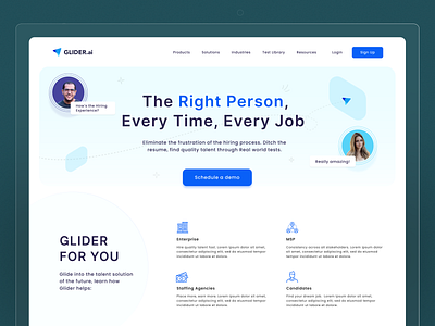 Glider | Making Hiring Smoother blue branding clean clean design clean website hiring hiring process interview minimal online interview popular website ui ux web design website