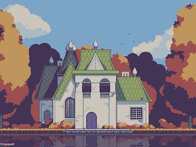 Manor with a lakeview 8bit architecture environment design gameart graphic design illustration pixel art pixelart pixels retro