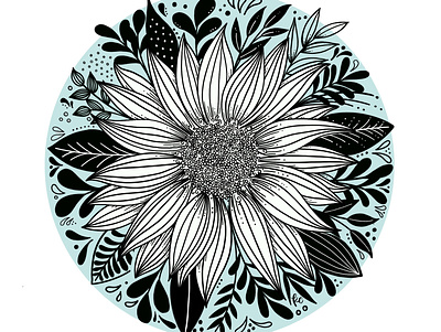Sunflower Round black and white botanical design florals flower illustration illustration kathryn cole procreate