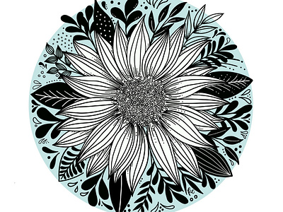 Sunflower Round black and white botanical design florals flower illustration illustration kathryn cole procreate