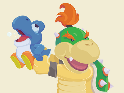 Baby Bowser, Baby Yoshi art awesome baby bowser baby yoshi blue bowser character design clean color crisp cute dinosaur fan friendly hair highlights illustration joseph le nintendo orange tribute vector video game yoshi