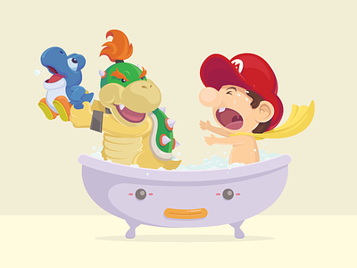 Baby Bowser Baby Mario Bubble Bath baby bowser bubble bath bubbles character design fan art gaming illustration mario tub vector video yoshi