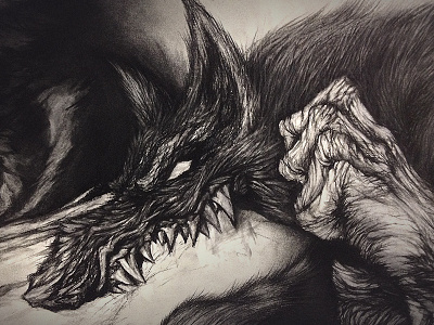 Wolf 1 charcoal dark drawing evil hair hand illustration lines monster scary teeth wolf