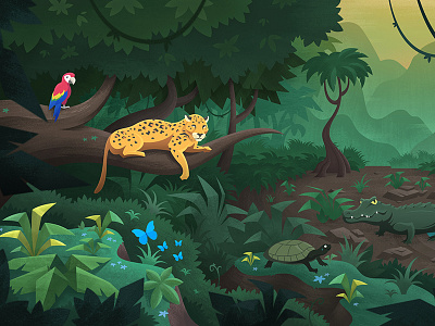 Pablo Jungle animals bush illustration jaguar jungle landscape leaves pablo python rainforest scenery texture tree