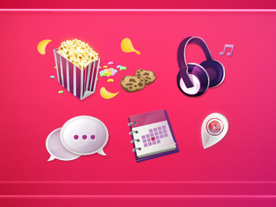 Random Icons for ?????? booking bubble calendar chat chips cookies headphones icon icons jellybeans location media pin pink popcorn purple random red social speech