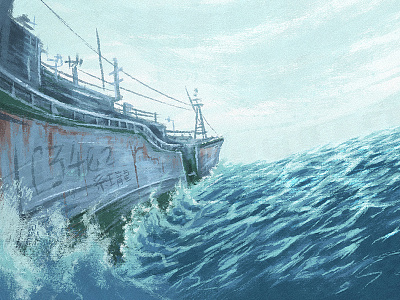 Boat scene boat design fish ocean paint painting sea ship sky water waves