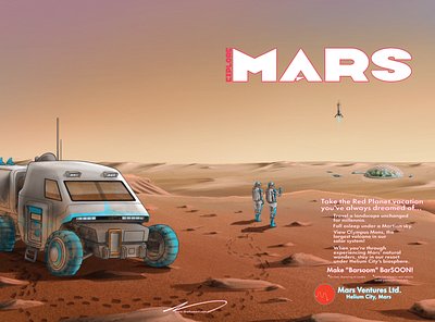 Mars travel poster branding clip studio paint design illustration logo mars space tourism travel typography