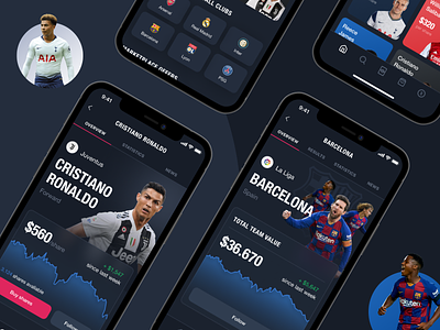 FanTrade. Mobile app to trade footballers futures app banking app dark mode design figma football interaction mobile payments screen sport trading trading app ui ux