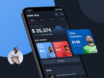 FanTrade. Mobile app to trade footballers futures app dark theme design design app football football app interaction mobile sport trading typography ui ux
