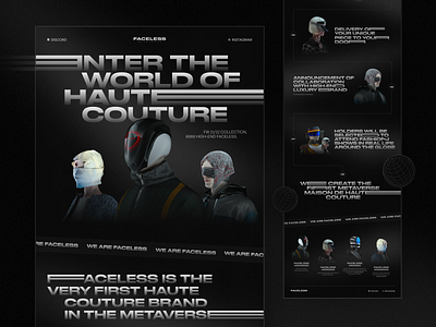 Faceless. Landing page for fashion NFT collection crypto dark mode design fashion landing nft ui ux website