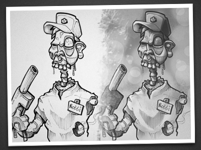 Robbi Zombie - Petrol Pump Attendant greyscale illustration in progress lineart shade