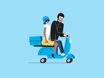 Scoot, scoot. couple flat illustration riding scooter vector vintage