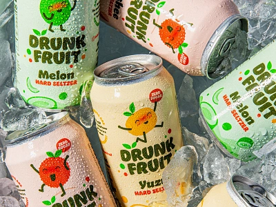 Drunk Fruit alcohol beverage branding can character colour drink drunk fruit fun hard seltzer illustration logo lychee melon packaging seltzer yuzu