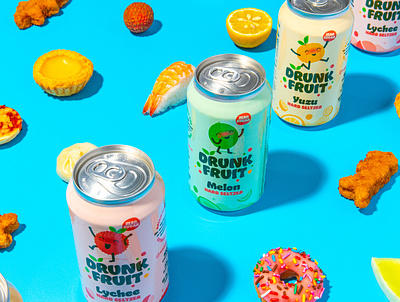 Drunk Fruit branding can character colour cute drink drunk flat illustr illustration logo packaging vector