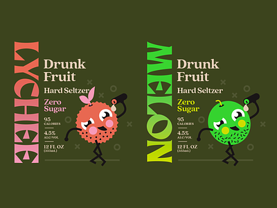 Drunk Fruit asian fruit branding can character drink drunk flat fruit hard seltzer illustration lychee melon vector yuzu