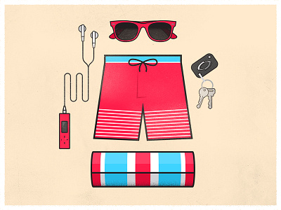 RSM Red Campaign beach hot illustration keys mp3 red shorts sunglasses towel typography
