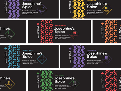 Josephine's Spice labels africa branding canada fish flat food gourmet handmade hot sauce icons illustration logo packaging shrimp spice spicy vector