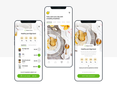Healthy Food Recipes Recommendation UI Kit breakfast cart dailyui design dinner download food app food apps foodie healthy lunch selection shopping simple ui uikit