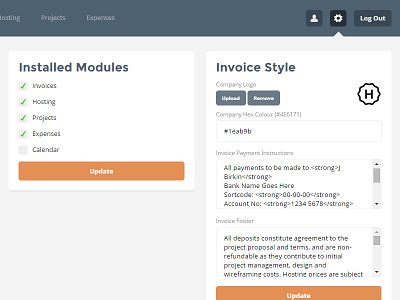 Client Management Settings admin cms invoice ui