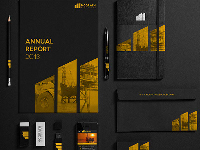 McGrath Resources annual report app black branding business card company corporate identity stationery yellow