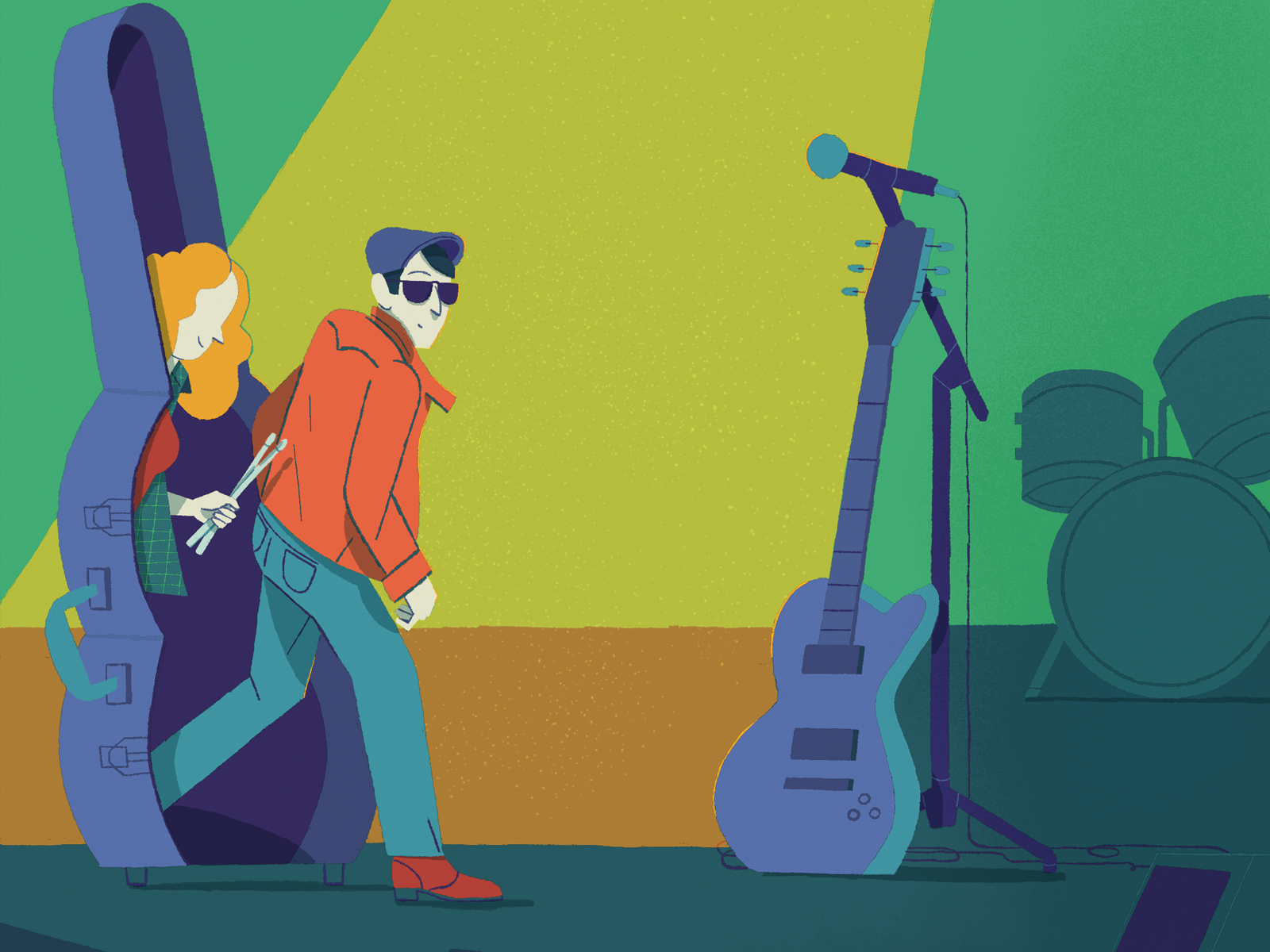 The return of the musicians after the break due to the health cr after covid19 character design colourful concerts dani maiz drums editorial illustration electric guitar going out illustration magazine illustration musicians ready to play scenario spotlight